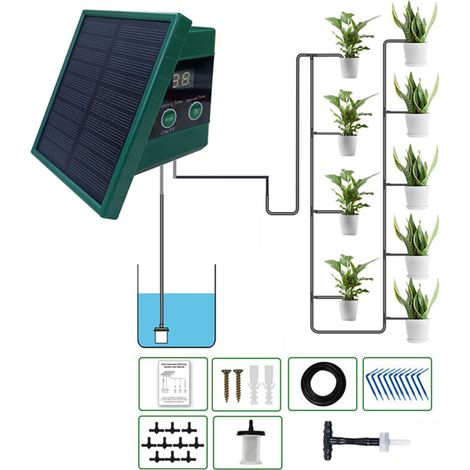 SJLERST Kit d'irrigation goutte à goutte automatique solaire à économie d'énergie avec minuterie et dispositif anti-siphon