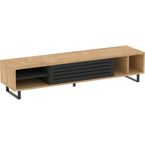 Oviala – Meuble TV 160 cm en mélaminé effet bois clair – Dimensions 160x35x40 cm – Panneaux de particules 18 mm – Espace de rangement optimisé