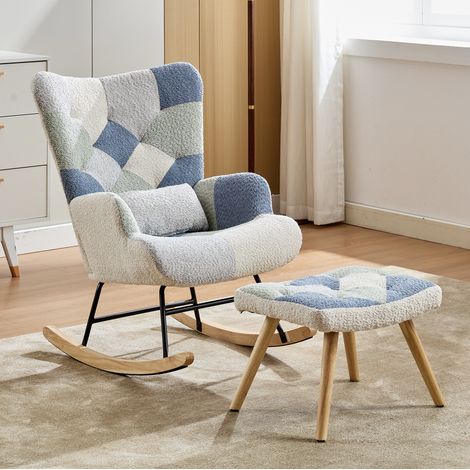 Fauteuil berçant 68x84x91 cm en tissu beige et bleu, gain de place pour salon FLORAGRACE (1/5)