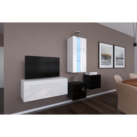 Ensemble meuble TV NEXT 293 AN293-17WB-HG27-1A blanc-noir brillant 197 cm