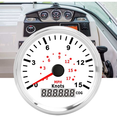 Compteur de vitesse GPS numérique 85 mm pour voiture/odomètre marin 0-17 MPH 15 nœuds (Fond blanc, cadre argenté) (1/5)