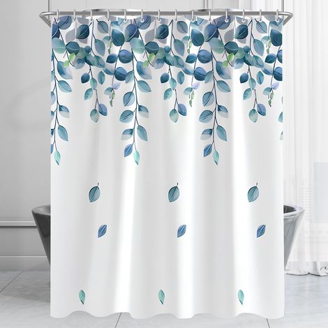 Rideau de douche 80 x 180 cm, motif feuilles et plantes, avec ourlet lourd, anti-moisissure, imperméable, lavable, en polyester, pour salle de bain, baignoire avec 8 anneaux pour rideau de (1/5)