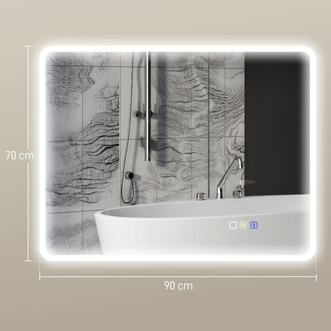 Miroir mural salle de bain LED 70x90 cm, connecté Bluetooth, tactile, éclairage 3 teintes réglable, dégivrant, cadre argenté, rétroéclairage avec mémorisation (1/4)