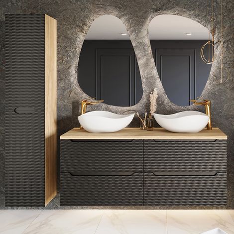 Badmöbel Set 4-teilig mit 120cm Doppelwaschtisch in Eiche mit schwarz OLUO-56-BLACK, Front mit 3D-Struktur in Wellenoptik (1/5)