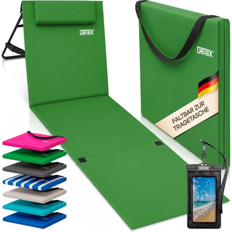 DETEX® Folding Beach Lounger With Adjustable Backrest Lightly Padded Foldable Sun Bed With Side Pocket Cushion Shoulder Strap Weatherproof Beach Mat Lounger Green (1/5)