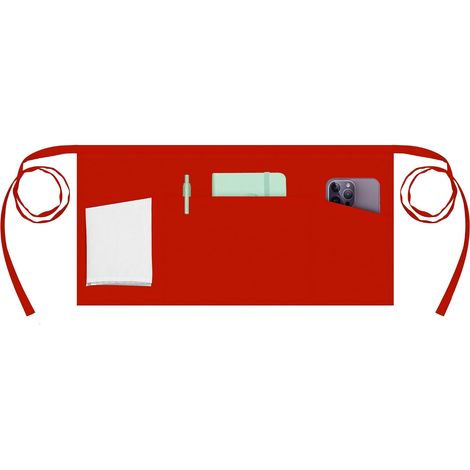 Tablier de service à nouer pour homme et femme, 3 poches, 100 % polyester, rouge, 1 pièce (1/5)