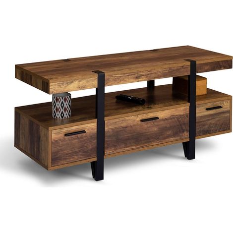 Idmarket – Meuble TV 113 cm bois foncé et métal noir – 3 tiroirs avec passe-câble – Design industriel chic – Pour écran jusqu'à 40 pouces