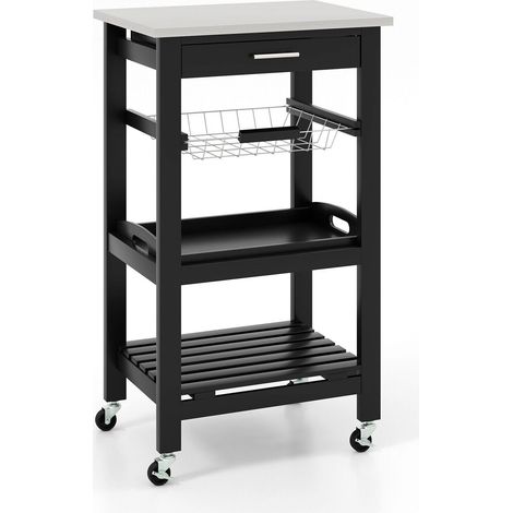 Chariot de cuisine noir avec plateau inox, tiroir et panier amovibles, 4 roues dont 2 verrouillables pour salle à manger et salon (1/5)