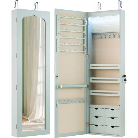 Mobiletto portagioielli da parete 120 x 36,5 x 11,5 cm con specchio 5 luci LED automatiche pratico contenitore MDF verde 200010334