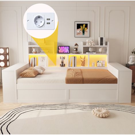 Schlafsofa 90x200 cm aus weißem MDF mit LED und Stauraum, ohne Matratze – MEUBLIV (1/5)