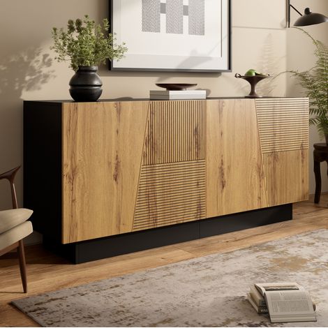 Buffet 160 cm en PB, rangement avec étagère réglable, noir et bois HAVRYA (1/5)
