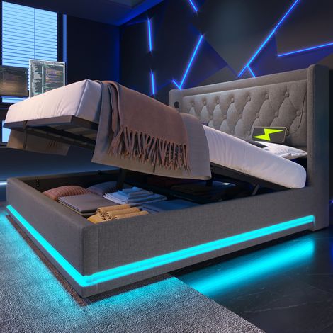 Lit double capitonné moderne 140x200 cm gris coton, tête de lit avec USB-C, coffre hydraulique, LED 3 côtés et matelas (1/5)
