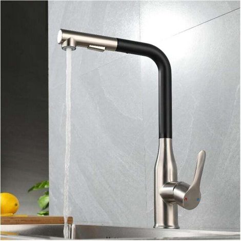 Robinet de cuisine en acier inoxydable noir/gris, eau chaude et froide, douchette extractible, levier unique (1/2)