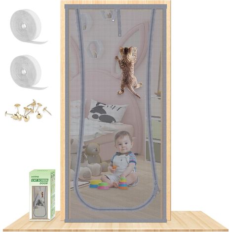 Porte Moustiquaire pour Chat, 91.5X210cm, avec Fermeture Éclair, Gris (1/5)
