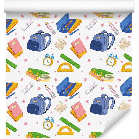 Papier peint Rentrée des classes blanc et bleu pour salon et chambre 50x1000 cm (1/5)