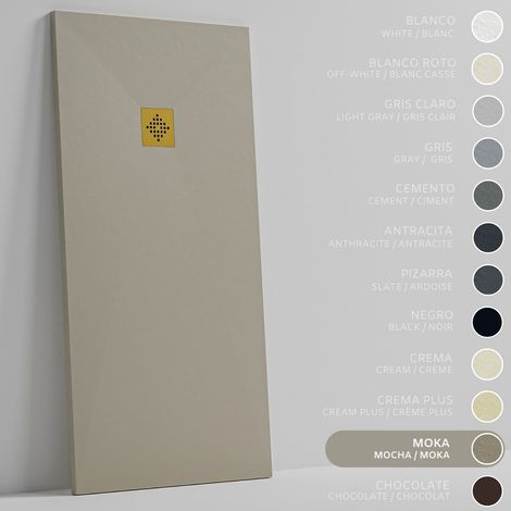 SOULHOME Duschwanne - Mineralguss & Gel Coat - Stein-Struktur - Rutschfest - Mokka - 160X70- Extraflach 3cm - Inklusive Ablassventil - Goldenes Ablaufgitter