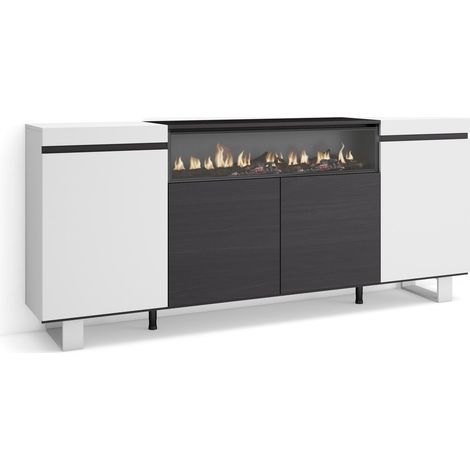 Skraut Home – Buffet salon et cuisine 200x35x87cm – 4 portes – Cheminée électrique LED – Design industriel noir et blanc – Rangement optimisé (1/5)