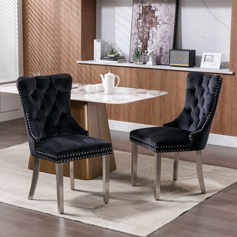 Lot de 2 chaises de salle à manger en velours noir, dossier haut capitonné, clous décoratifs, pieds en bois massif, 65 x 50 x 95 cm (1/5)