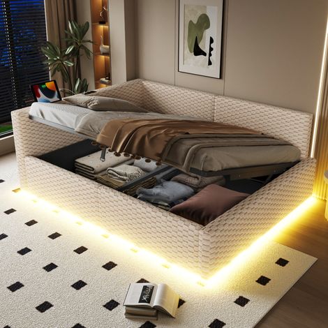 Multifunktionsbett 140x200 cm beige aus Samt mit Stauraum, LED-Beleuchtung und USB-C (1/5)