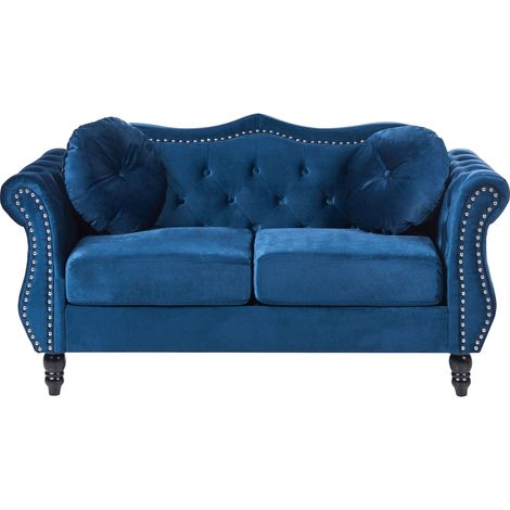 Beliani – Canapé Chesterfield 2 places en velours bleu – Style glamour avec capitonnage décoratif – Rembourrage en mousse de qualité supérieure