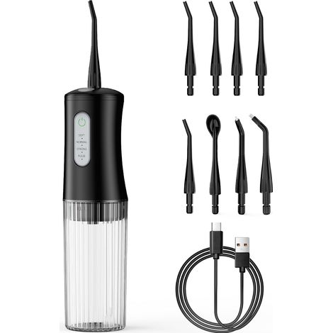 Hydropulseur dentaire sans fil, nettoyeur dentaire électrique avec 4 modes et 8 embouts de pulvérisation, étanche IPX7, portable et rechargeable pour la maison et les voyages, noir (1/5)