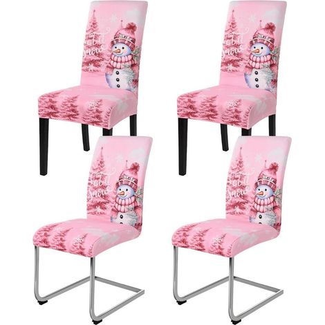 Housses de chaise extensibles Noël motif bonhomme de neige rose lot de 4 (1/5)