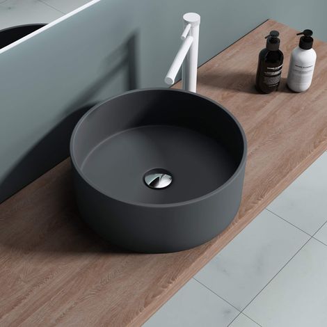 doporro Lavabo da Appoggio, Lavandino Bagno 40x40x15cm, Lavabo Tondo da Minerale Fuso Colossum804, Antracite Opaco (1/5)