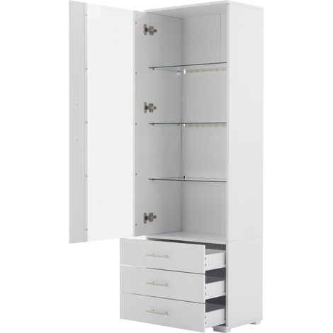Vitrine mit 1 Tür und 3 Schubladen mit LED, Hochglanzfront, für Wohnzimmer aus MDF, Weiß, 60×35×180 cm (1/5)