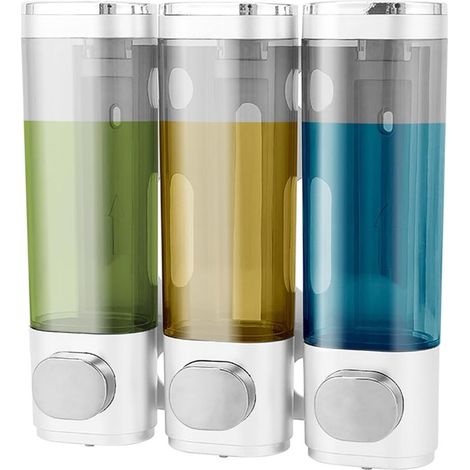 Juego de 3 dispensadores de jabón de pared, no requiere perforación, para champú, gel de ducha y acondicionador, color blanco y plateado. (1/5)