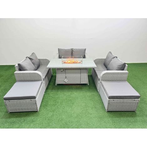 Fimous 8 Seater PE Wicker Rattan Furniture Sofa Sets with Firepit Dining Table 2 Seater Love Sofa 2 Big Footstool Light Grey (1/4)