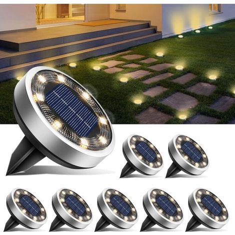 Lot de 8 Lampe Solaire Au Sol, 8 LED Jardin Exterieur Solaire Etanche IP65 Lumiere Solaire, Spot Solaire Extérieur pour Chemins Pelouse Terrasse Allée Cour Piscine, Blanc Chaud [Classe énergétique E] (1/5)