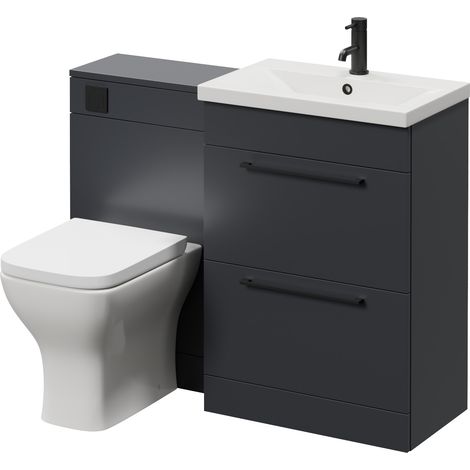 Napoli 390 Gloss Grey 1100mm 2 Drawer Vanity Unit Toilet Suite with Glide Basin - 1100mm - Matt Black 320mm HandleWith Kingston Toilet Pan and Seat