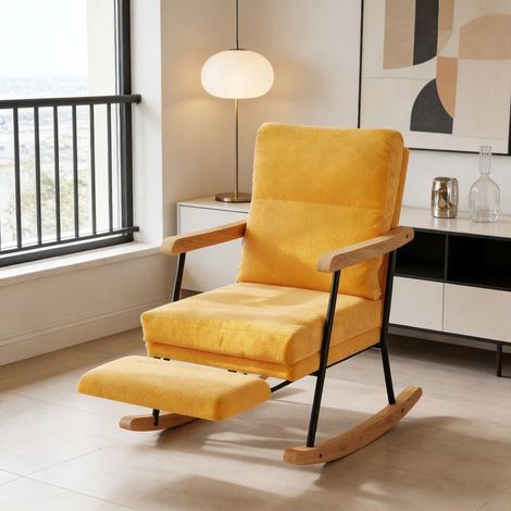 Fauteuil à bascule scandinave POCKETPOP 1 place - Jaune brunâtre, lin, bois massif & métal