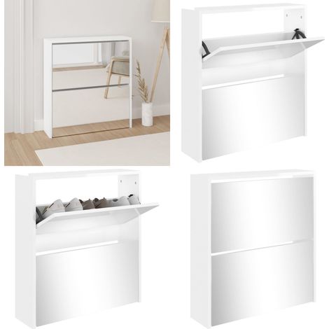 Schuhschrank mit Spiegel 2 Fächer Hochglanz-Weiß 63x17x67 cm - Schuhschrank - Schuhregal - Garderobe - Einbauschrank - Aufbewahrung - Home & Living (1/5)