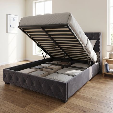 Lit coffre double 140x190 cm avec sommier, lit adulte avec espace de rangement hydraulique, tête de lit capitonnée avec clous, velours, style moderne, Gris (1/5)