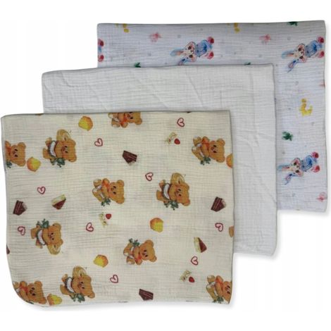 Confezione da 3 mini pannolini, in mussola, 38x38, salviettine a forma di coniglietto, crema ORSETTO (1/5)