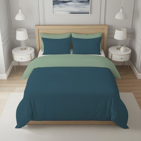 Housse de couette bicolore en coton 57 fils 260x240 cm UNI vert eau et bleu canard, par Soleil d'ocre