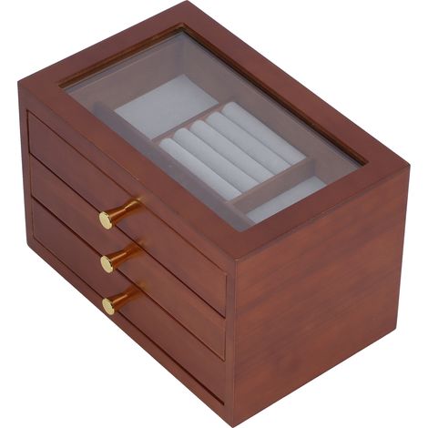 Coffret de rangement bijoux en bois massif 3 tiroirs, grand organisateur marron, format XL, boîte à bijoux spacieuse pour colliers et bagues, lot lourd (1/5)