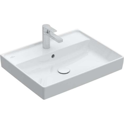 Lavabos de pared, 600 x 470 mm, Rectangular, Diseño registrado, diseño de suelo, para grifería de 3 orificios, orificio para grifo central perforado, con rebosadero, TitanCeram, Blanco (1/4)