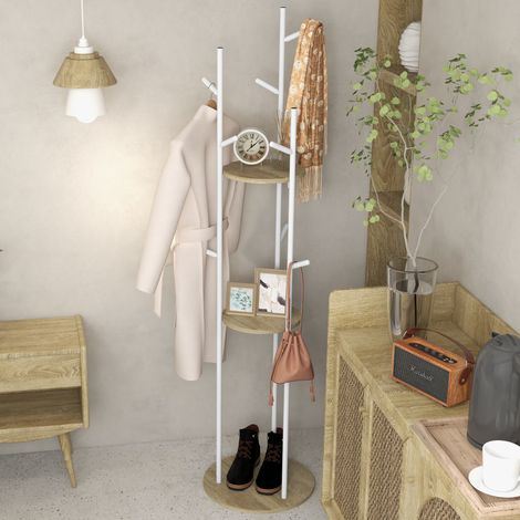 Freistehende Garderobe aus Stahl mit 9 Haken und 2 runden Ablagen, Ø 40 x 167 cm, natur und weiß