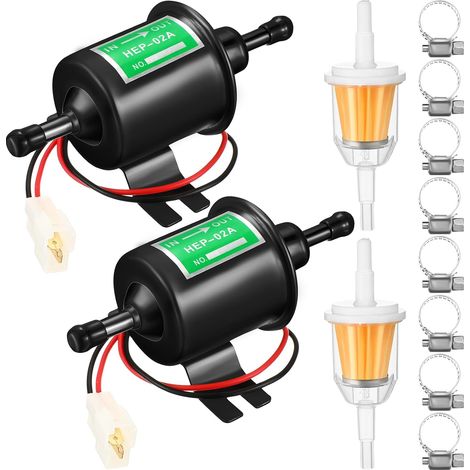 2-teiliges 12-V-Universal-Niederdruck-Elektrokraftstoffpumpen-Set, 4–7 PSI Inline-Diesel-/Benzinpumpe mit 2 Kraftstofffiltern und 8 Schlauchschellen, Vergaser HEP-02A, Schwarz (1/5)