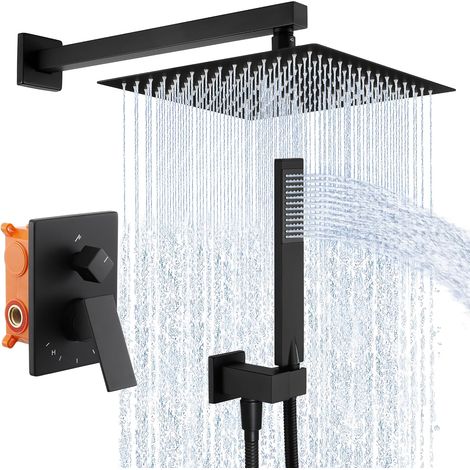Kit de Douche 3 Modes de Sortie d’Eau Système de Douche avec Pomme de Douche de 30,5 cm Comprenant Corps de Vanne Brut et Système de Douche avec Mitigeur Trim Carré Noir Mat, X6230S12-BK (1/5)