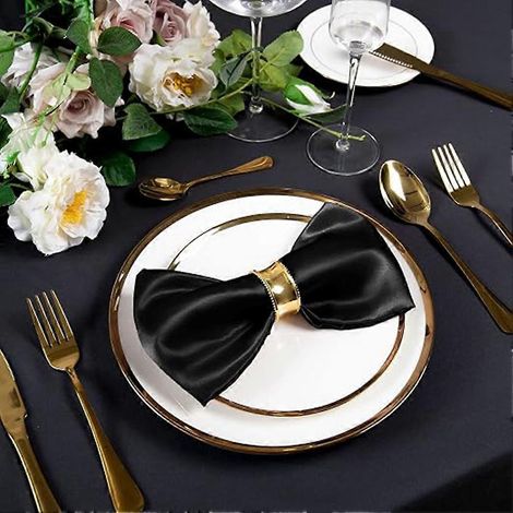 Lot de 12 serviettes en satin noir, 30 x 30 cm, idéales pour les mariages et les repas de luxe. (1/5)