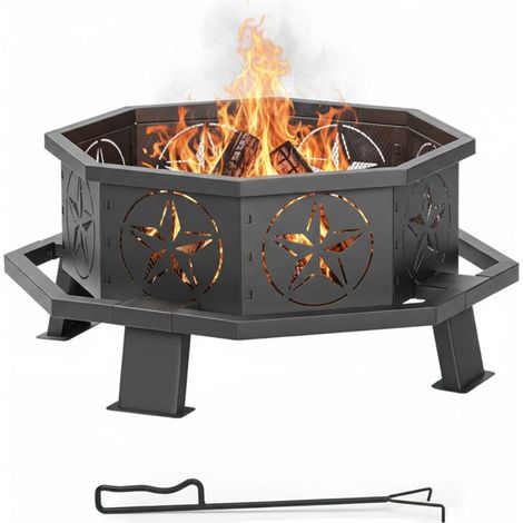 Relaxdays Fire Bowl, HxD: 36 x 82 cm, with fire poker, steel, octagonal, star pattern, black (1/5)