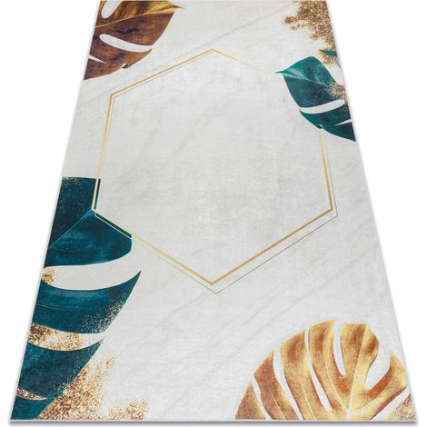 ANDRE 1150 Waschteppich Monstera-Blätter, Würfel Anti-Rutsch - weiß / gold multicolour 120x170 cm