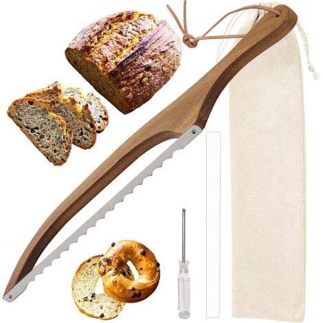 Couteau à pain en bois, 40 cm, couleur marron, trancheuse à pain, lame dentelée, pour un usage domestique, la pâtisserie et l'organisation de la cuisine.-AquaForge (1/5)
