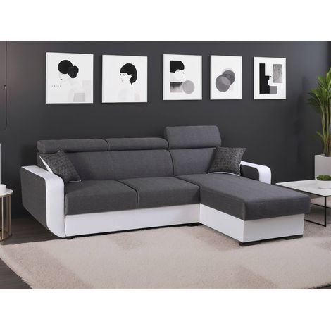 Dustin - ecksofa beidseitig montierbar - 4 sitzplätze - schlaffunktion und bettkasten - verstellbare kopfstützen - weiß / grau