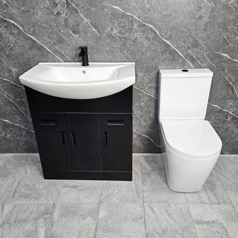 Black Vanity Unit with Black Handles 750mm Open Back Tornado Toilet Suite, Without Tap & Waste