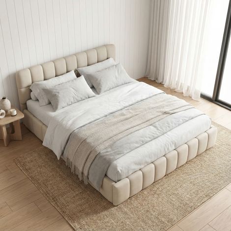 Letto per adulti 140x190 con rete, letto matrimoniale capitonné in lino, design a nuvola e struttura del letto bassa, stile scandinavo moderno(140x190cm, Beige)