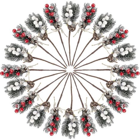 20 branches de pin artificielles givrées, décorations de houx et de baies coniques artificielles, couronnes de fleurs pour sapin de Noël (1/5)